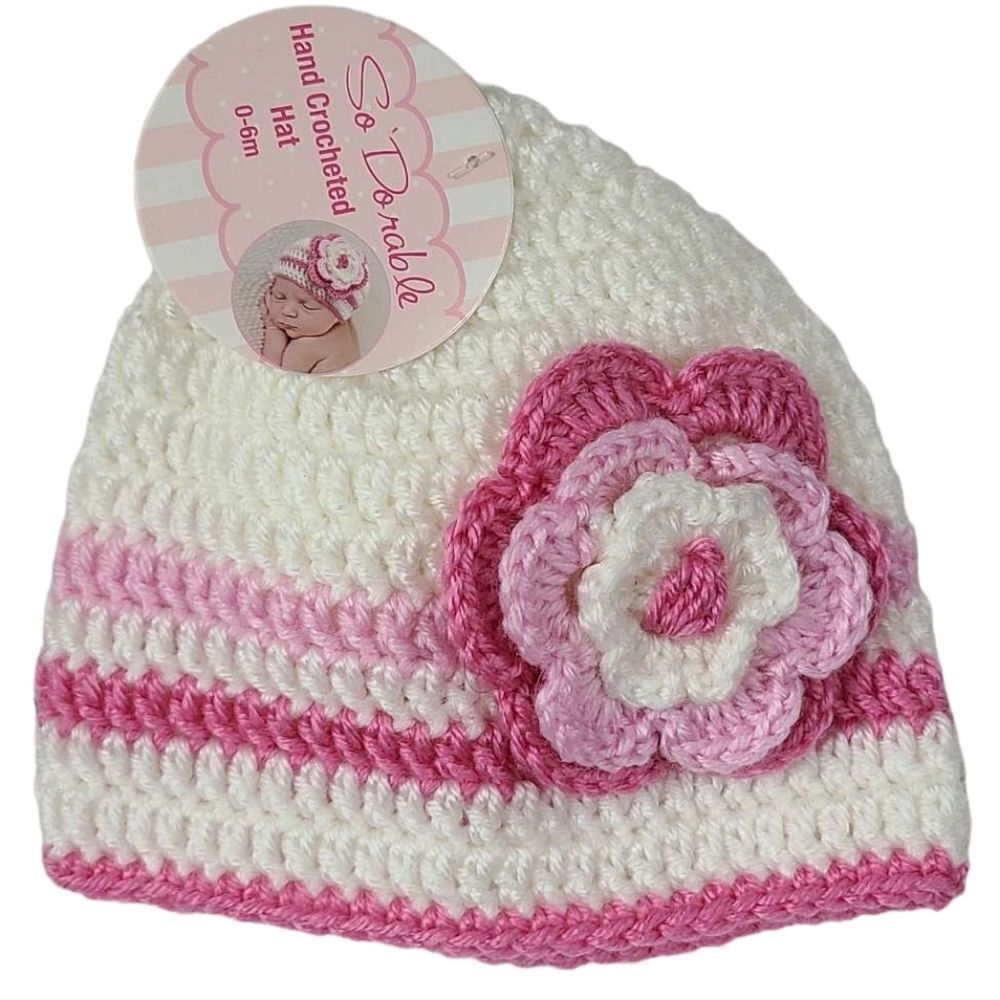 Nwt Hand Crochet Baby Girl White/Pink Flower Hat 0-6m Photo Prop Knit Winter Cap